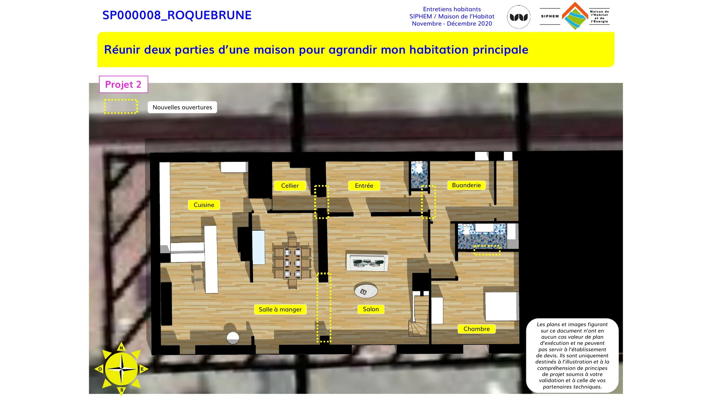 Projet de réunion de deux parties de maison à Roquebrune, plan à plat