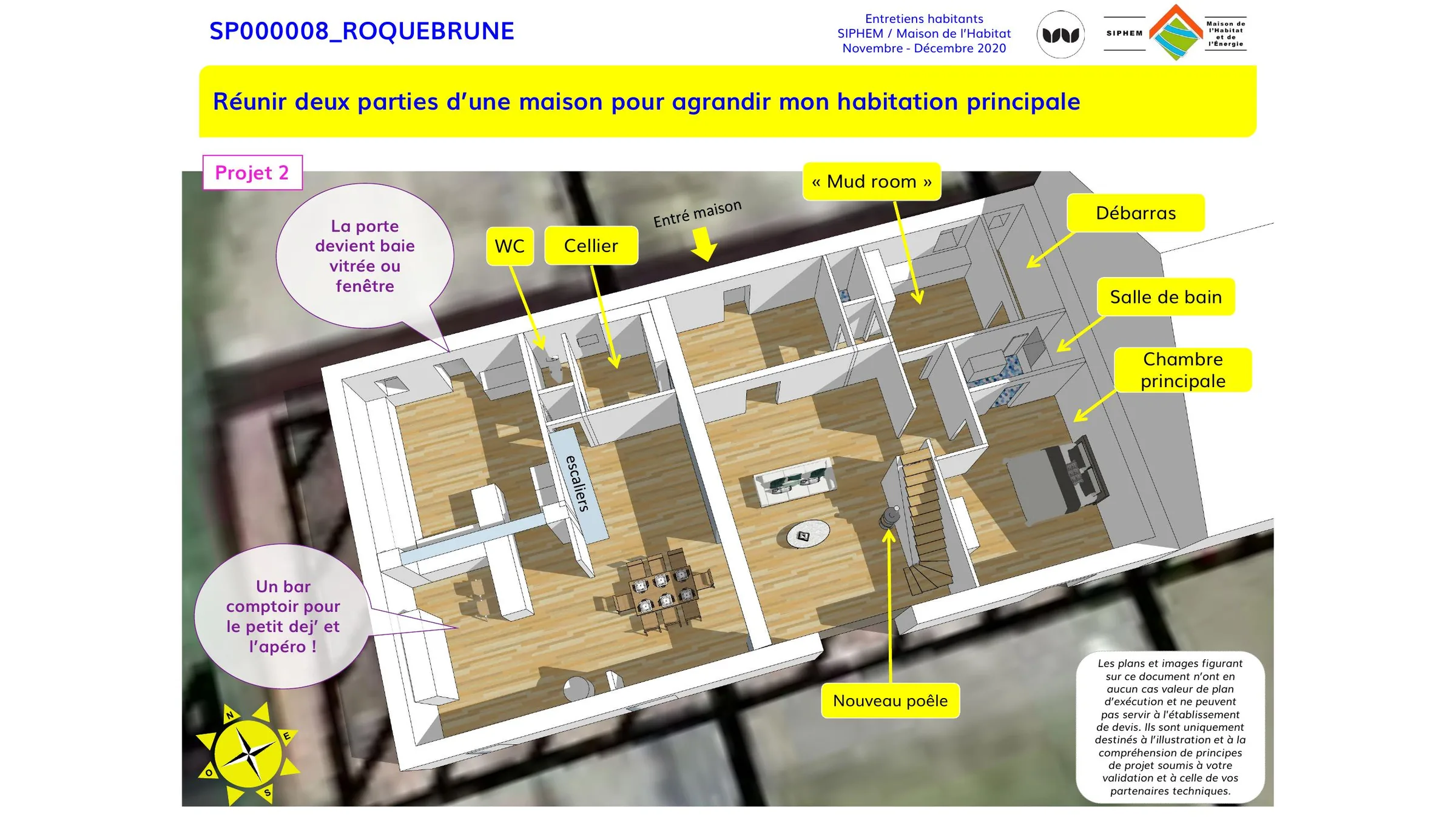 Projet de réunion de deux parties de maison à Roquebrune, plan en perspective