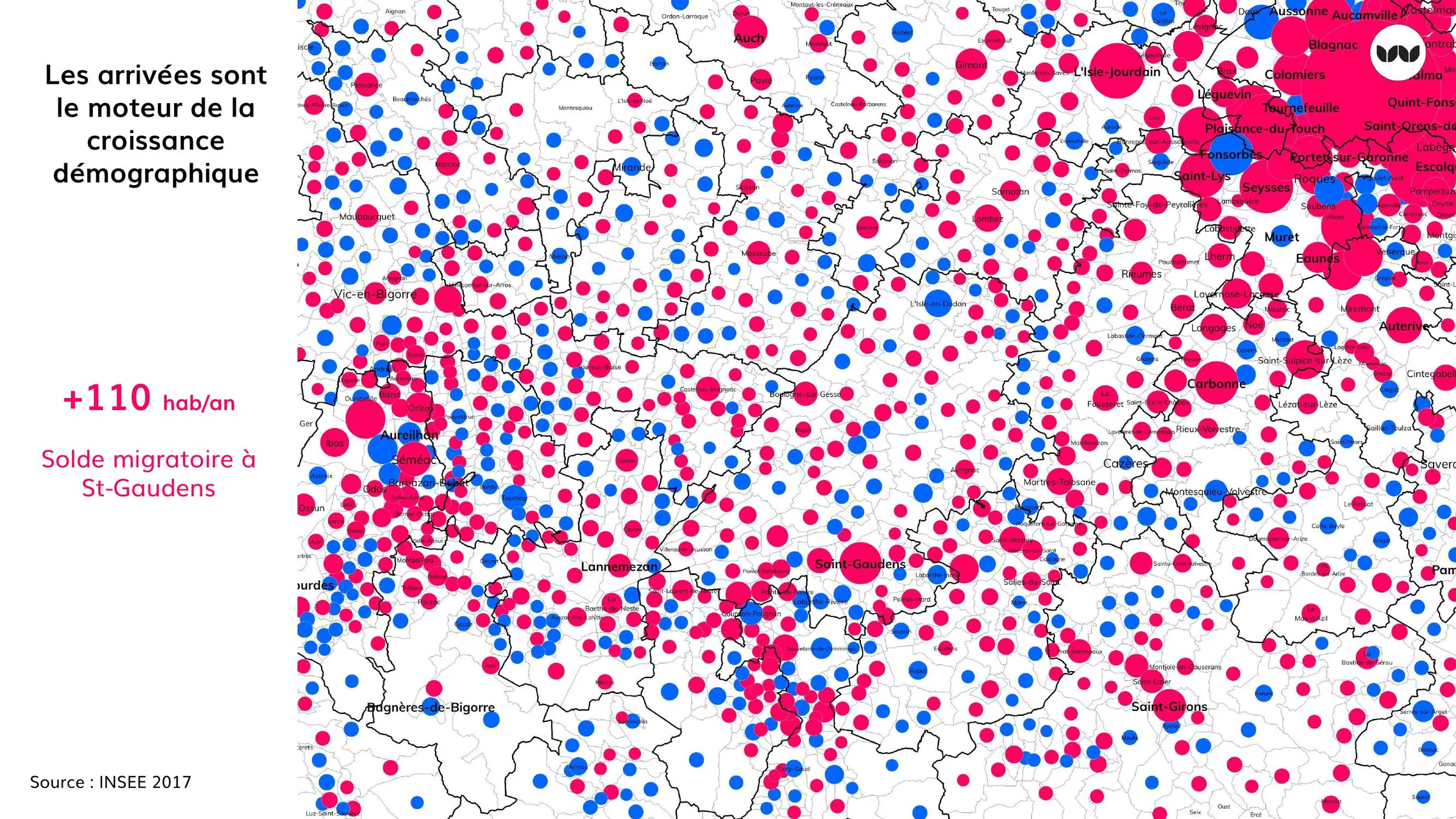 Carte des soldes migratoires communaux du bassin, moteur de la croissance
