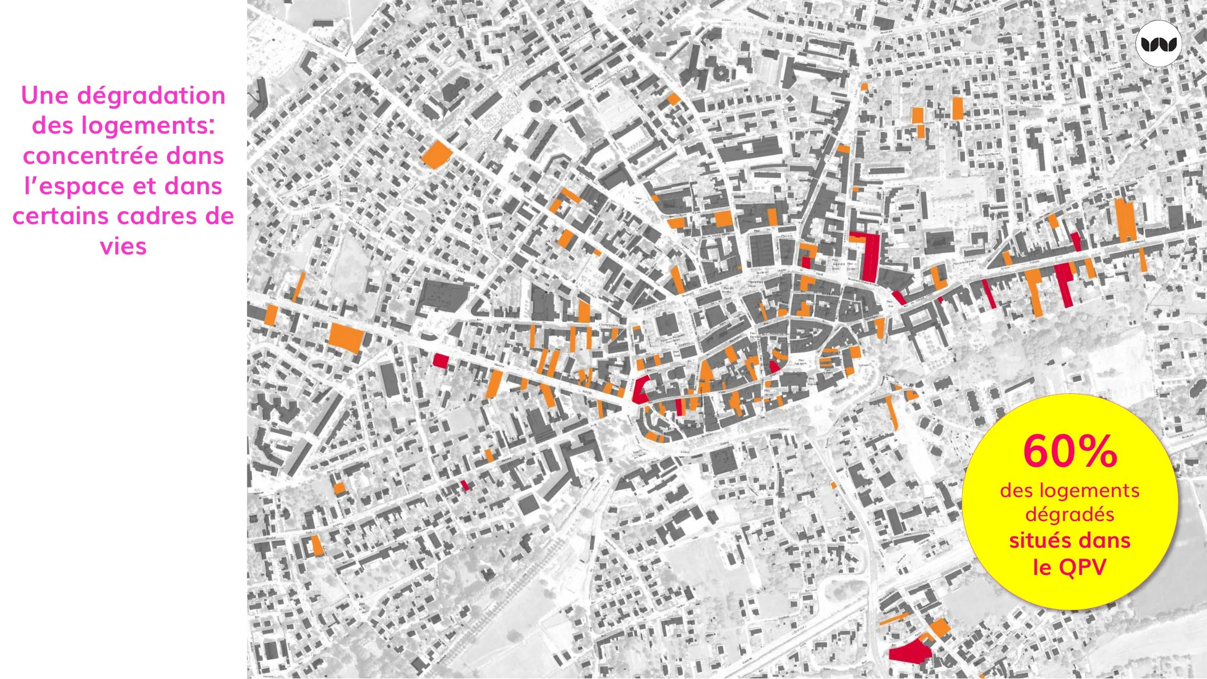 Cartographie de la dégradation du bâti, concentrée en cœur de ville