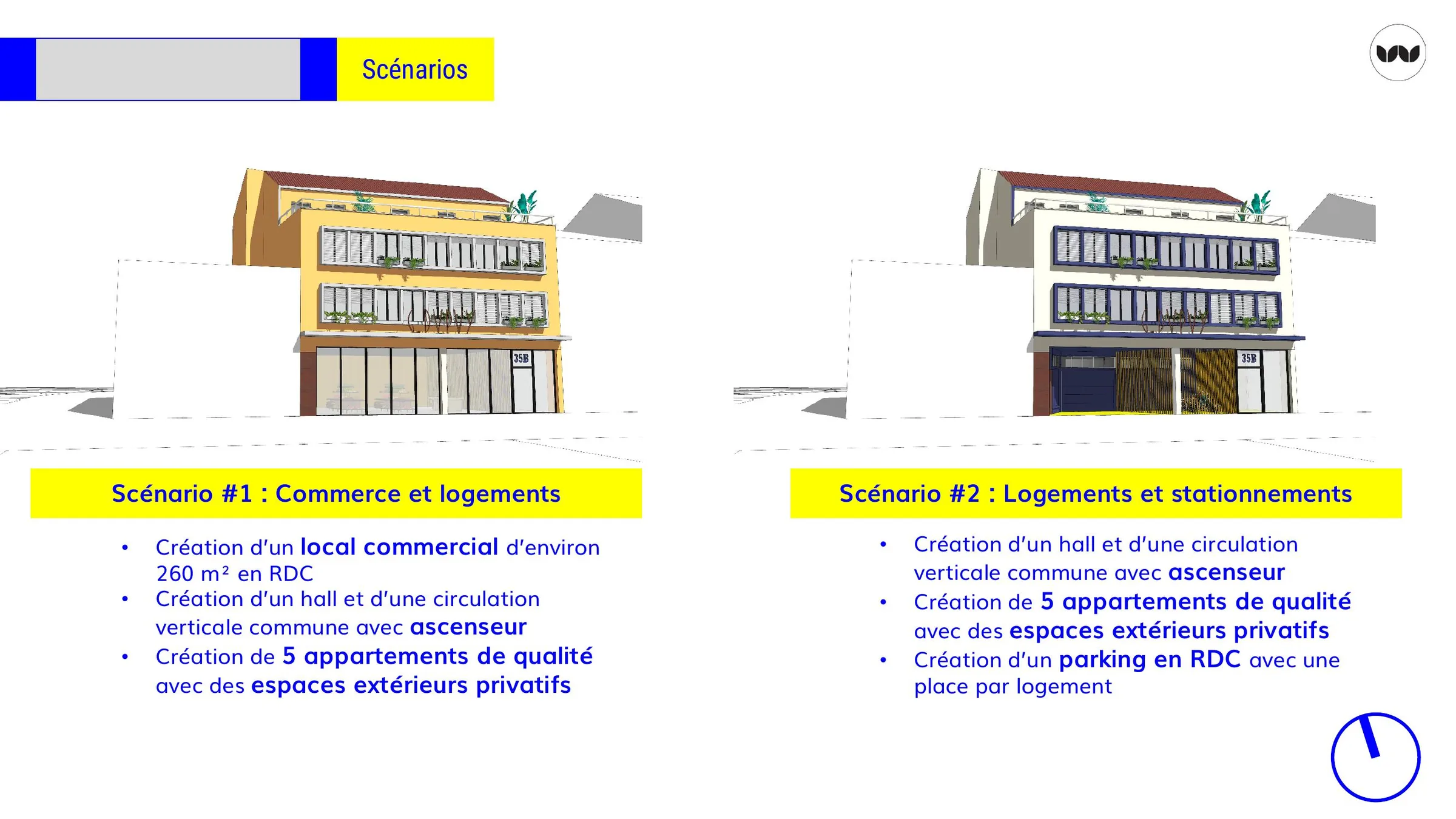 Deux scénarios : commerce et logements, ou logements et stationnement