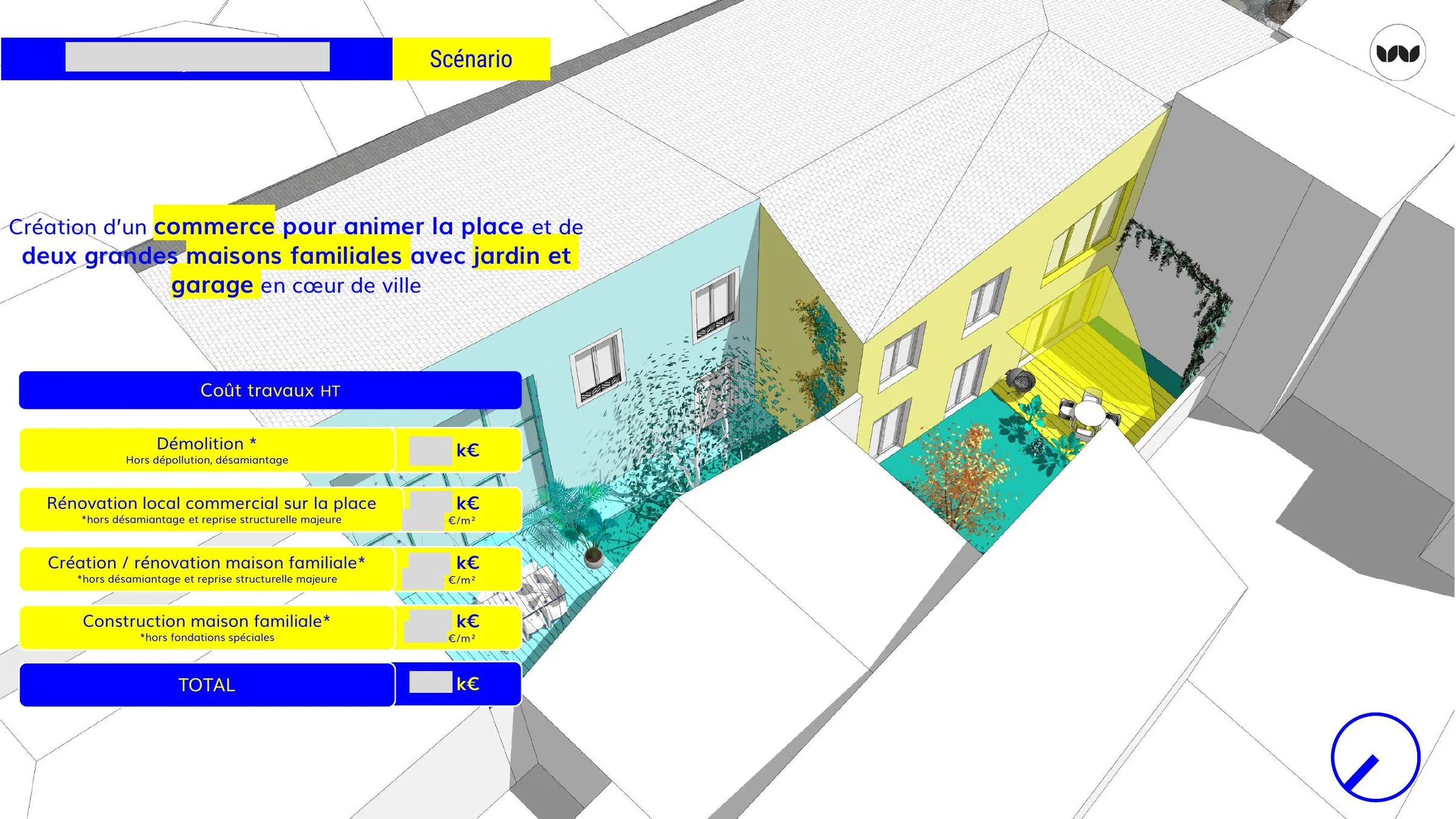 Scénario de création d'un commerce et de deux maisons familiales avec jardin