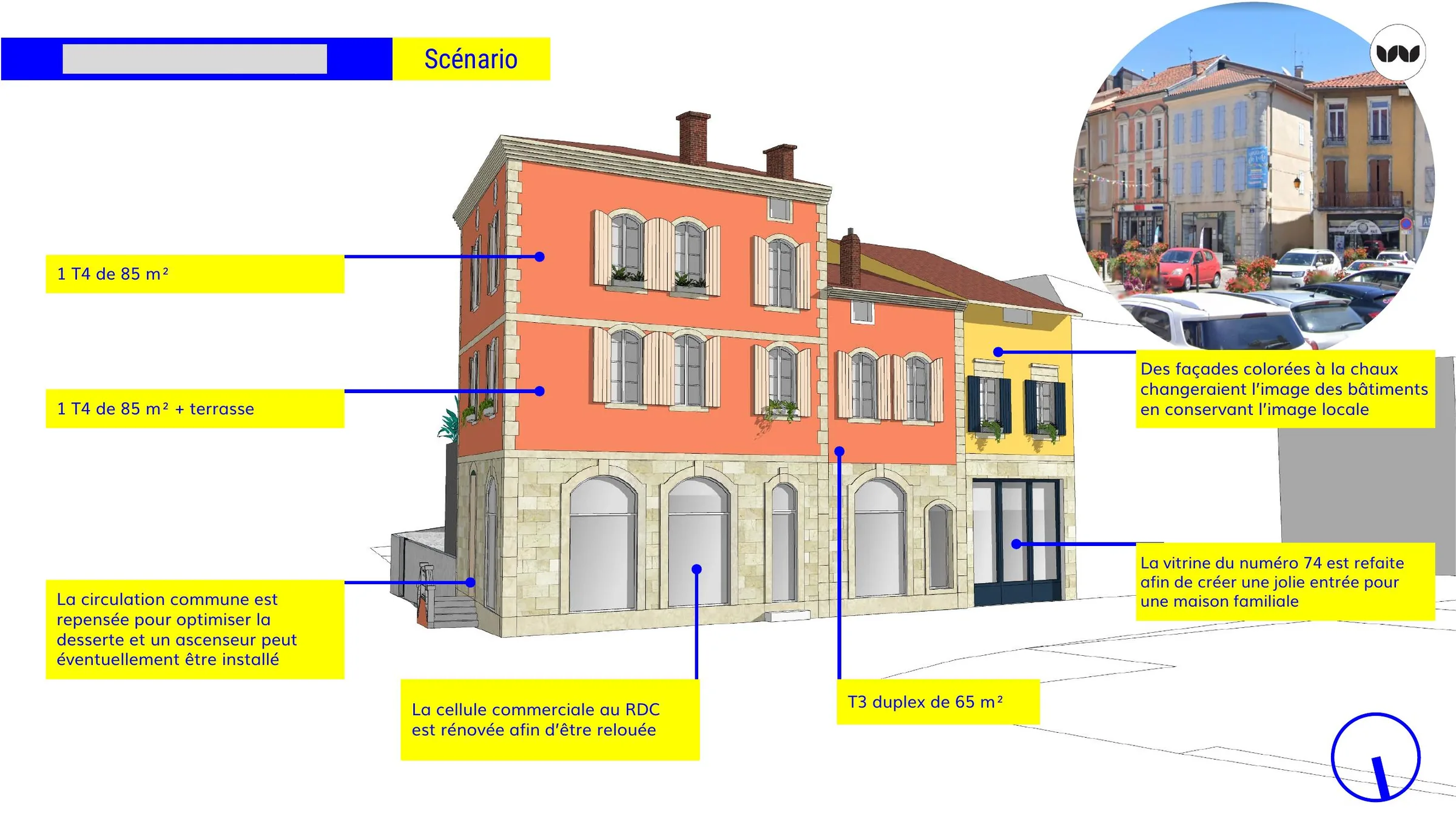Scénario de réhabilitation en logements avec façades colorées à la chaux