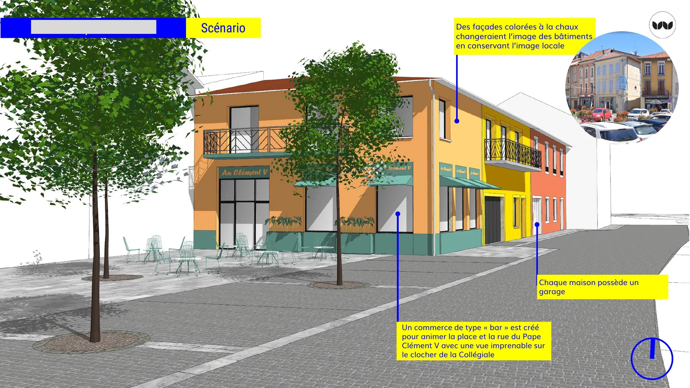Scénario de façades colorées et de création d'un commerce de type bar