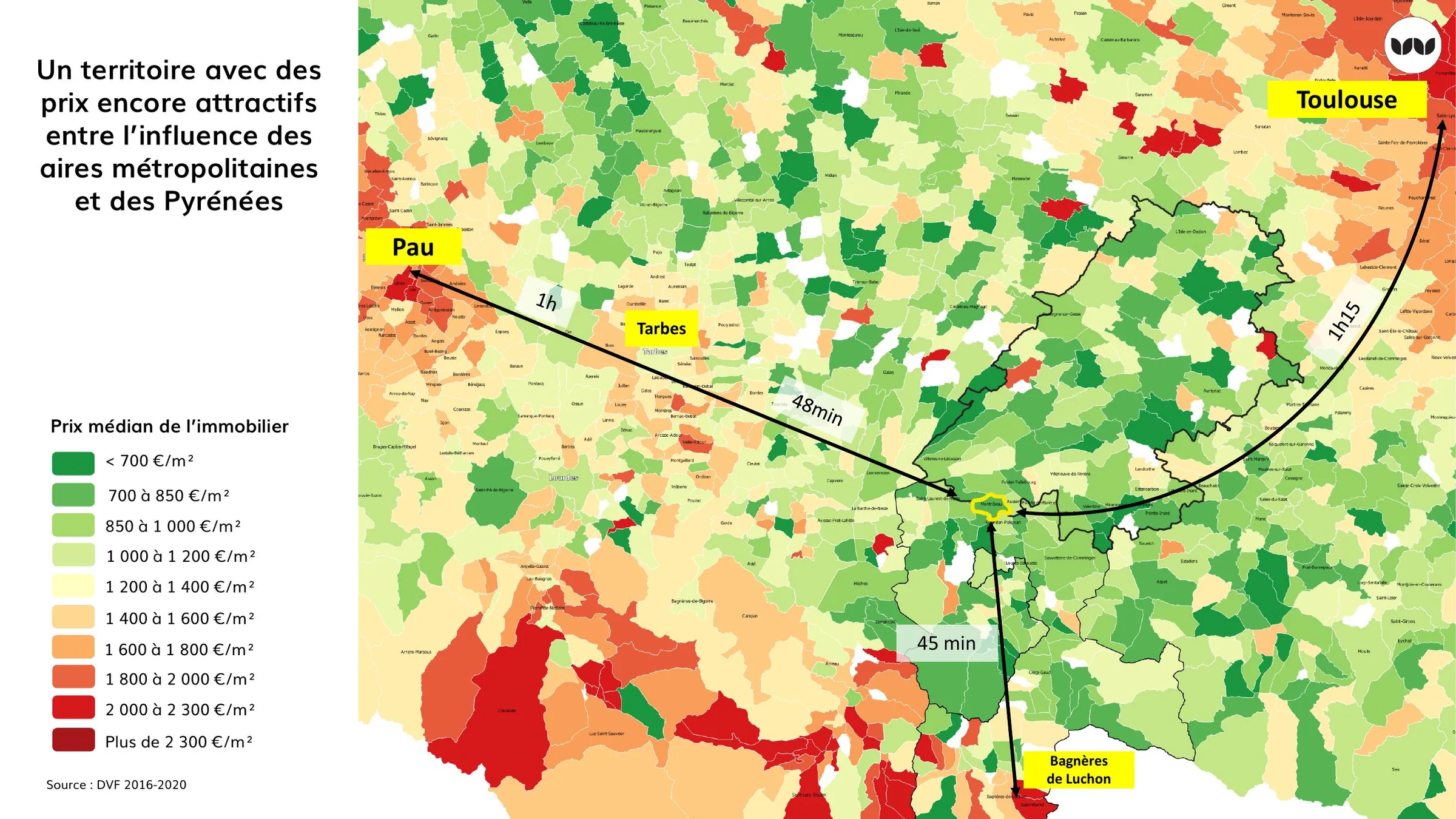 Carte des prix immobiliers et des temps d'accès aux villes voisines