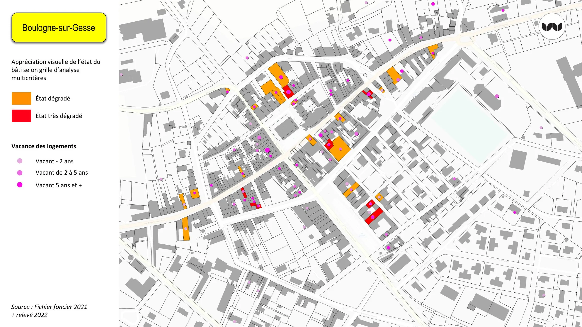 Cartographie de l'état du bâti et de la vacance des logements à Boulogne-sur-Gesse