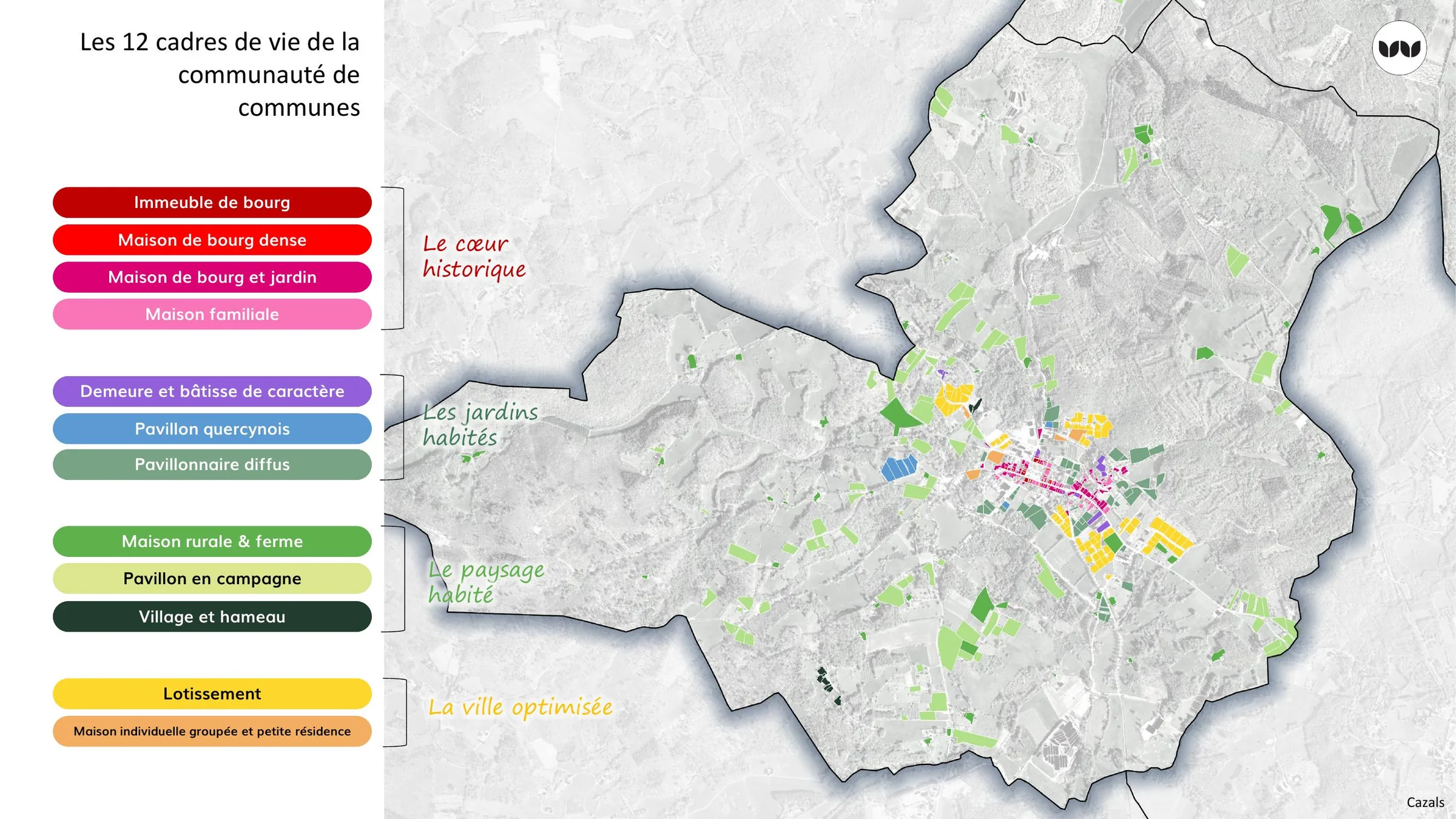 Carte des 12 cadres de vie identifiés sur la communauté de communes