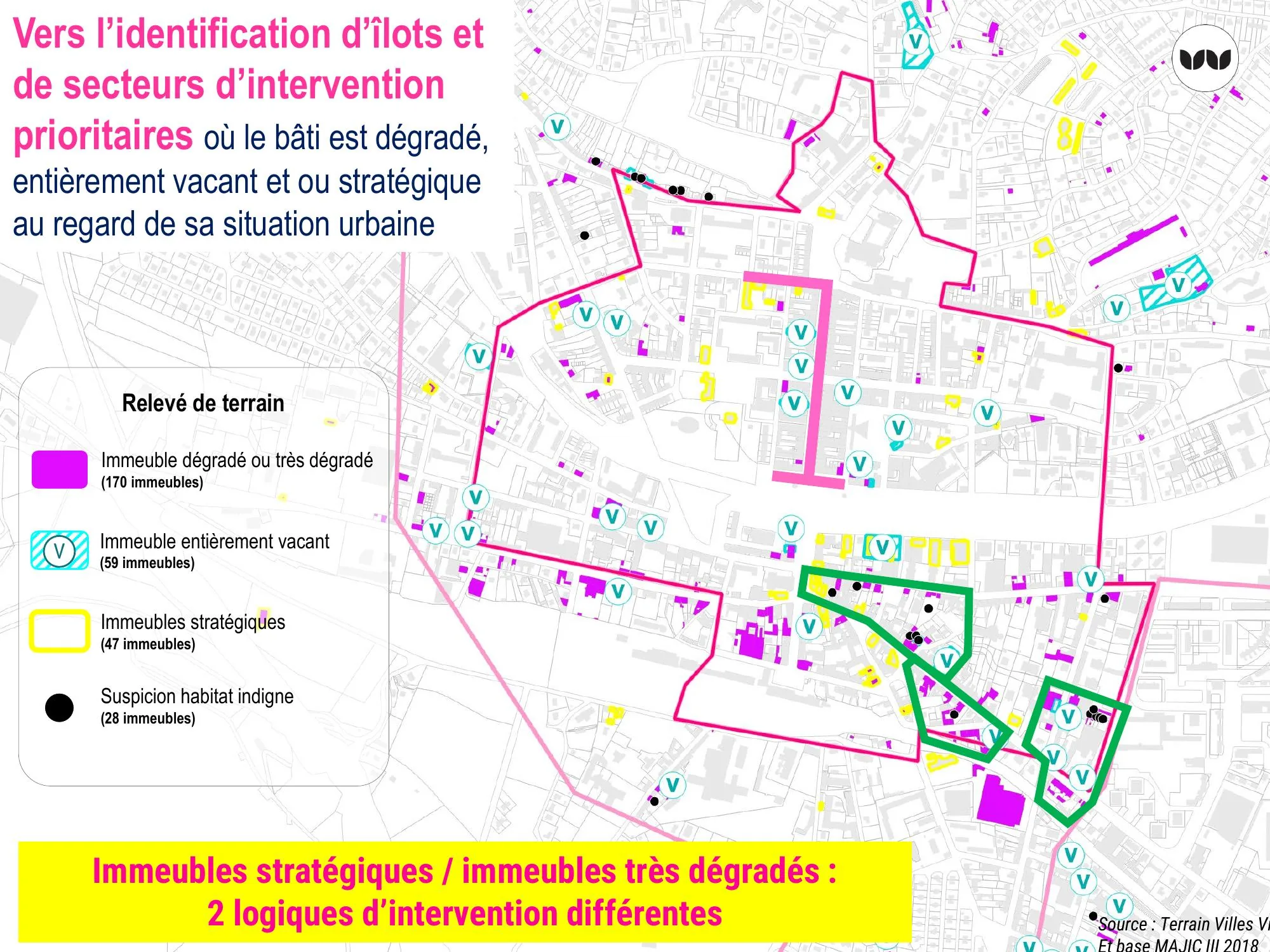 Localisation des immeubles dégradés, vacants et stratégiques du centre-ville