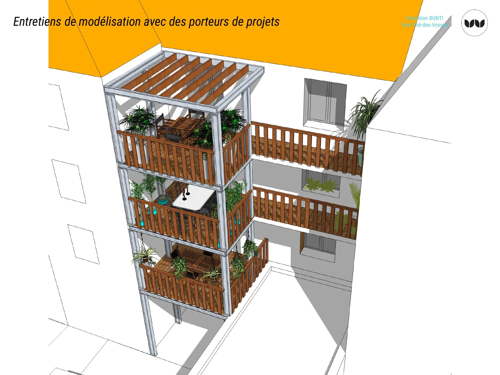 Détail d'aménagement de terrasses superposées en cœur d'îlot