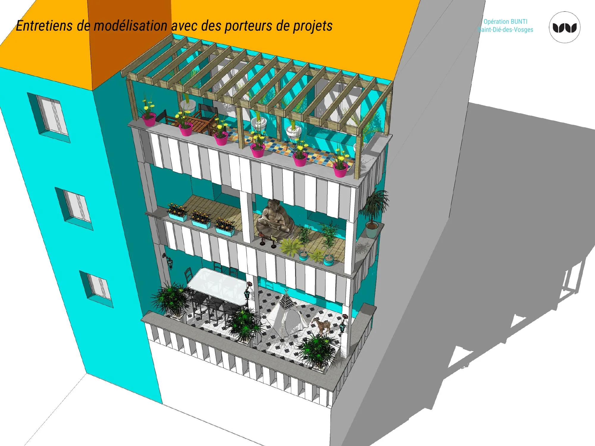 Vue en coupe d'un aménagement de terrasses végétalisées