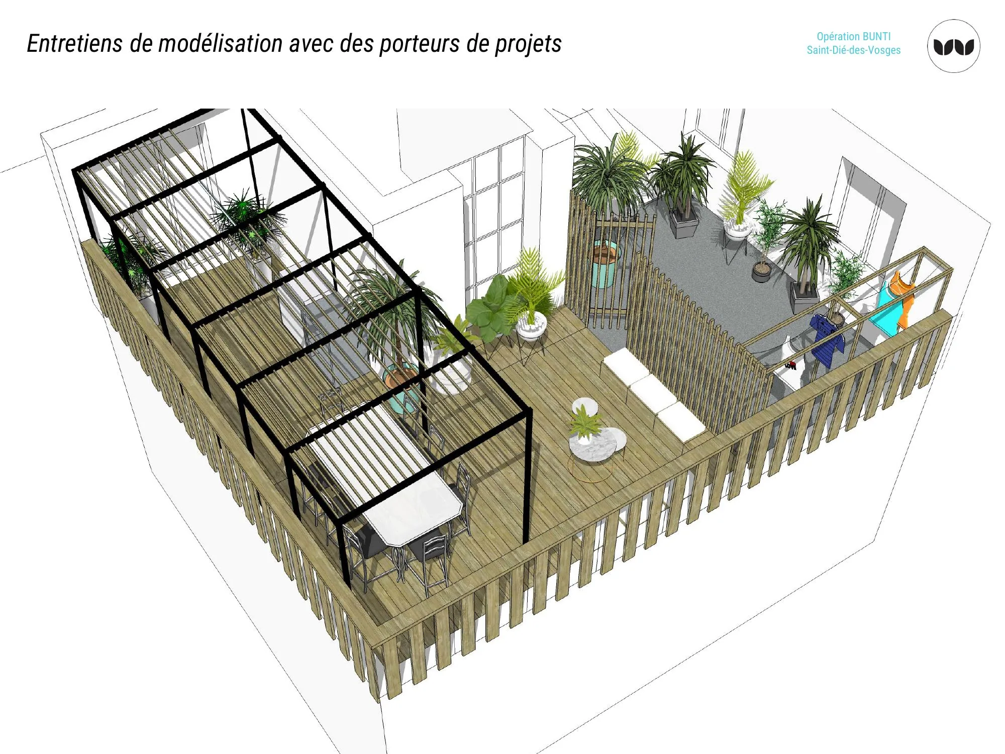 Plan d'aménagement d'une terrasse partagée avec pergolas