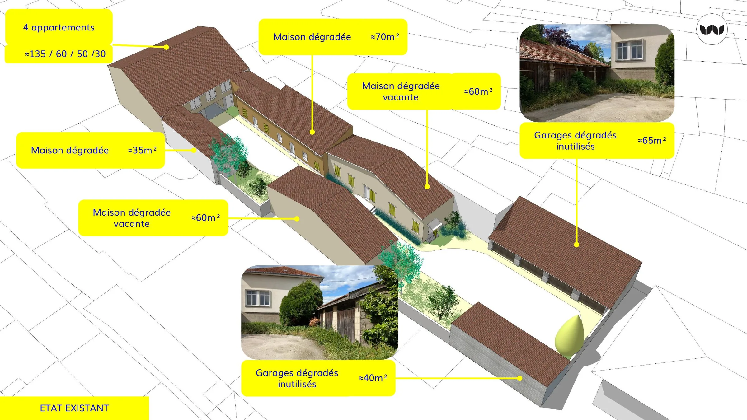 État existant d'un îlot avec maisons dégradées et garages inutilisés