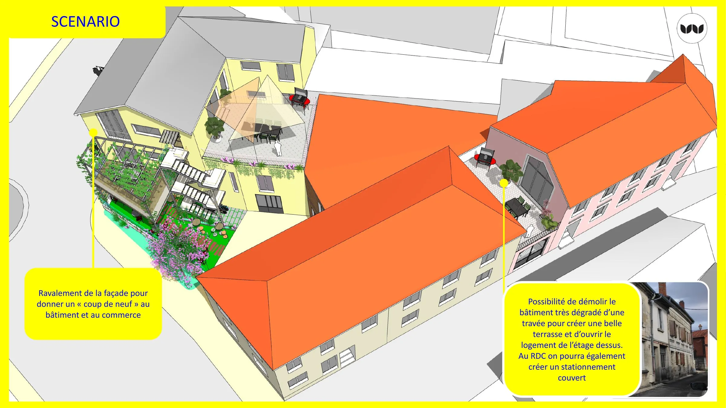 Scénario de ravalement de façade et démolition partielle pour créer une terrasse