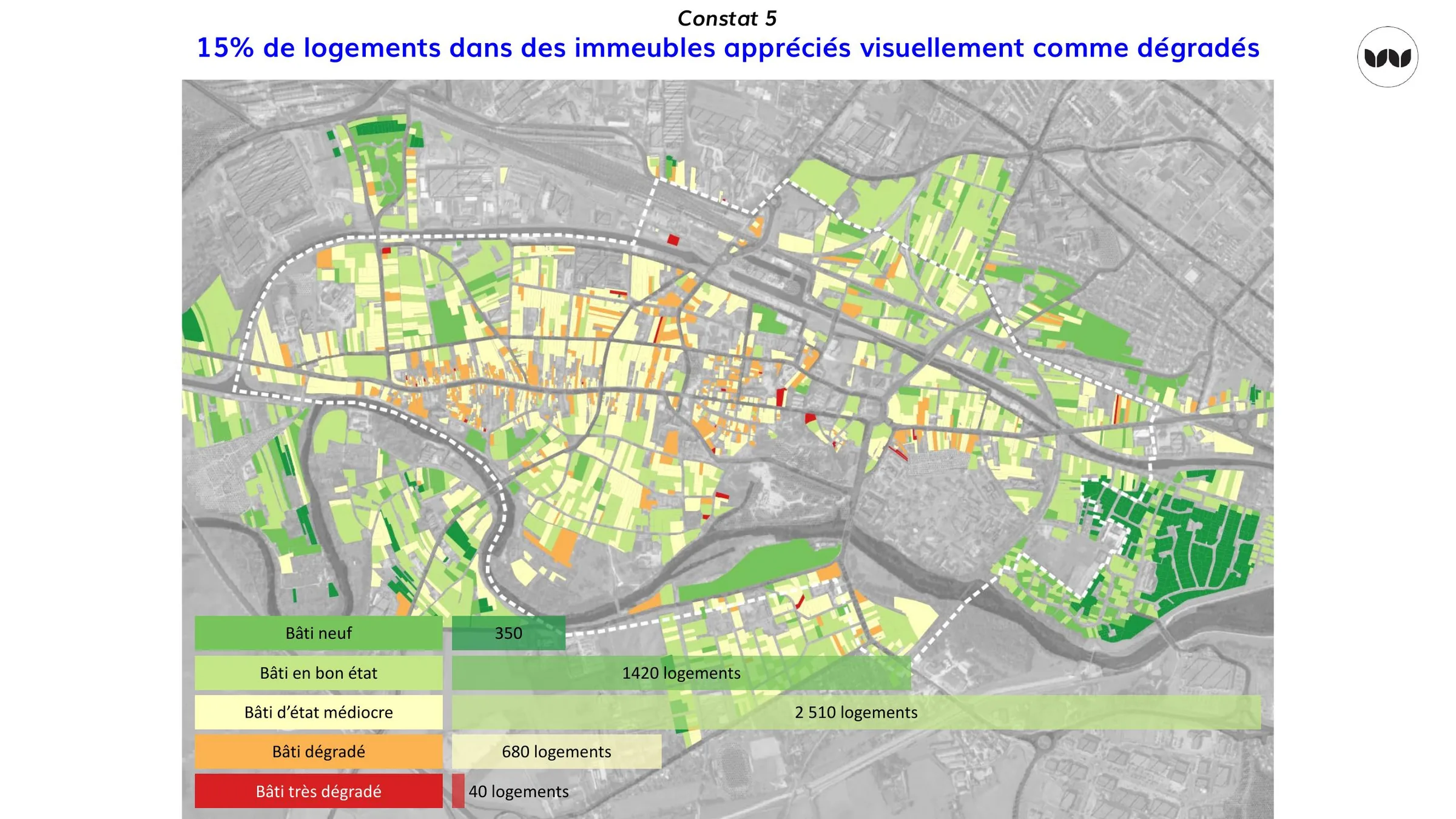 Répartition du bâti selon son état, du neuf au très dégradé