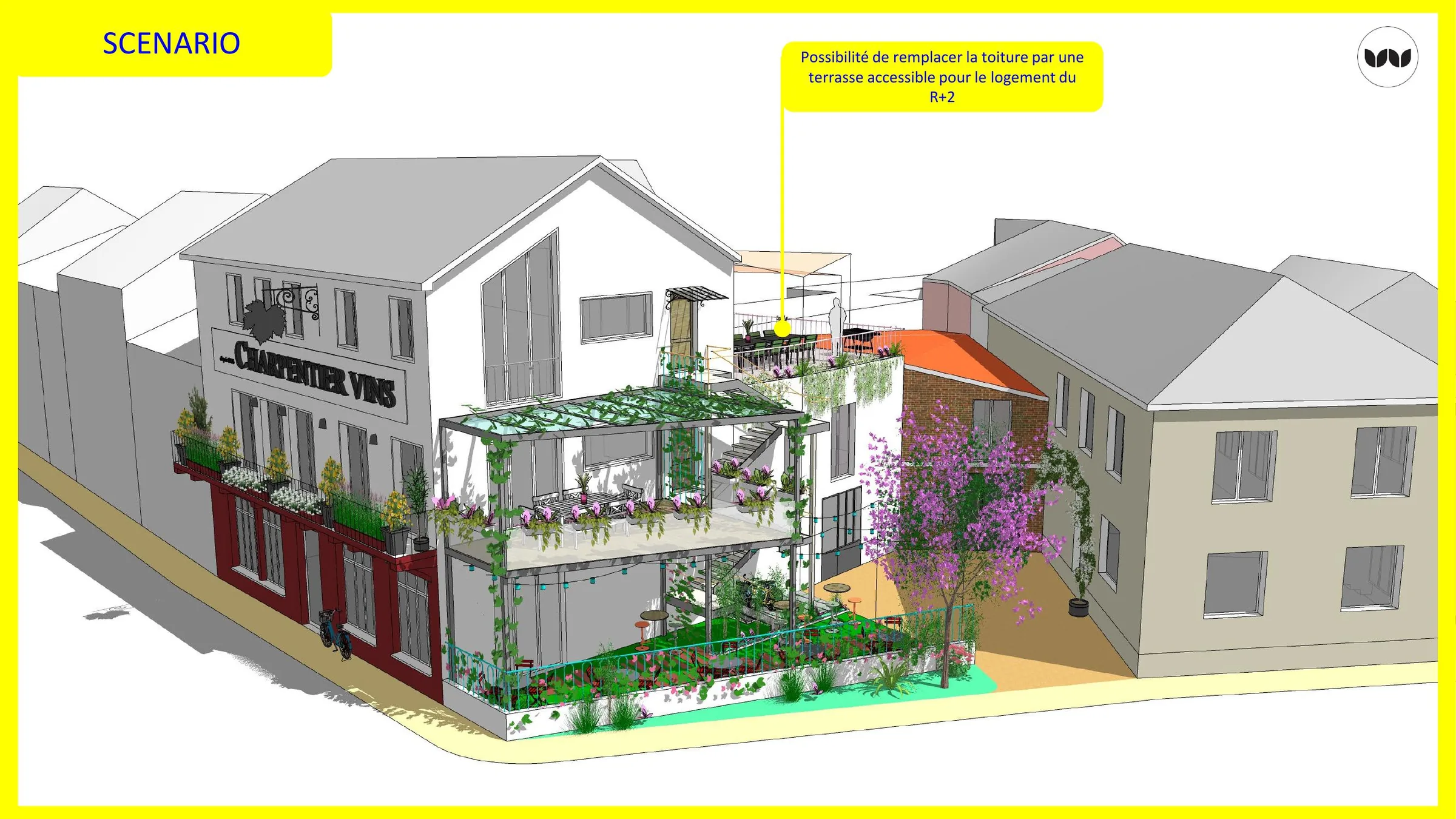Scénario de terrasse accessible en remplacement d'une toiture, R+2