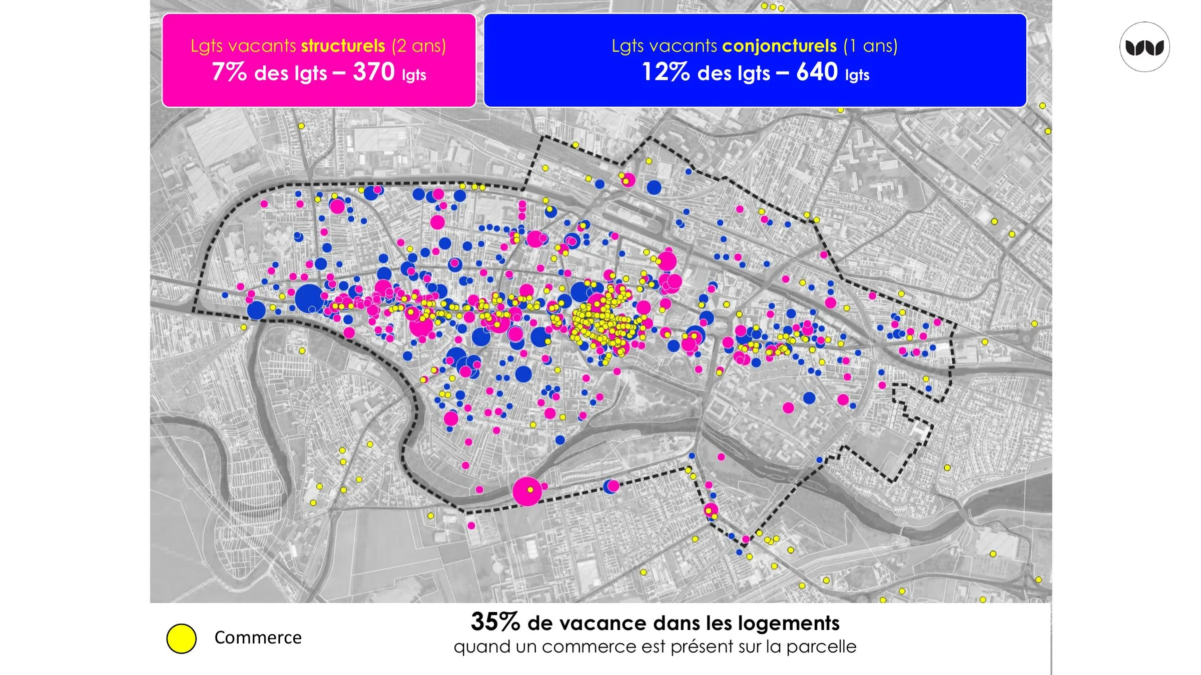 Vacance structurelle et conjoncturelle, avec localisation des commerces