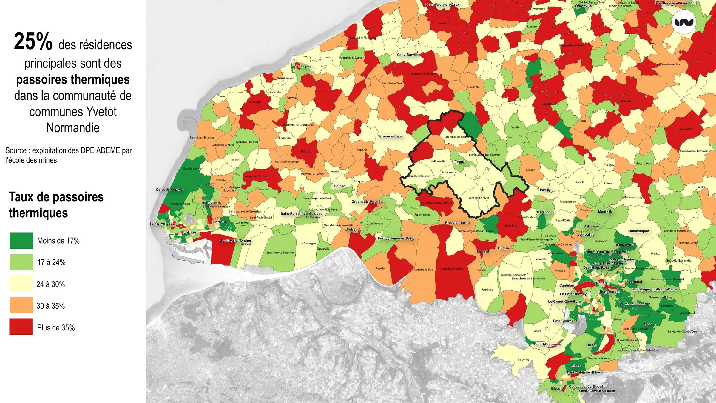 Taux de passoires thermiques par commune, communauté de communes cerclée de noir