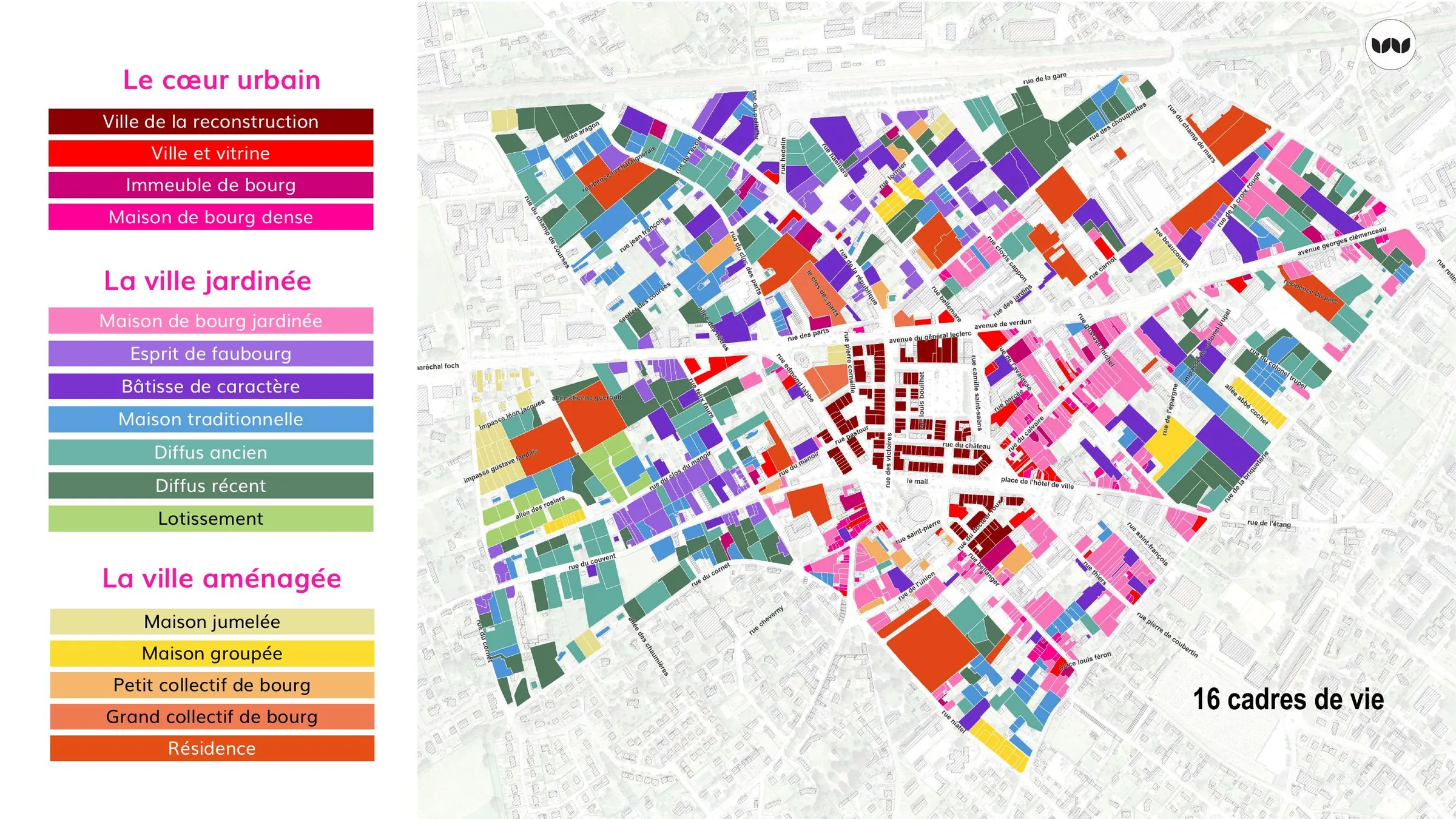 Carte des 16 cadres de vie du centre-ville d'Yvetot