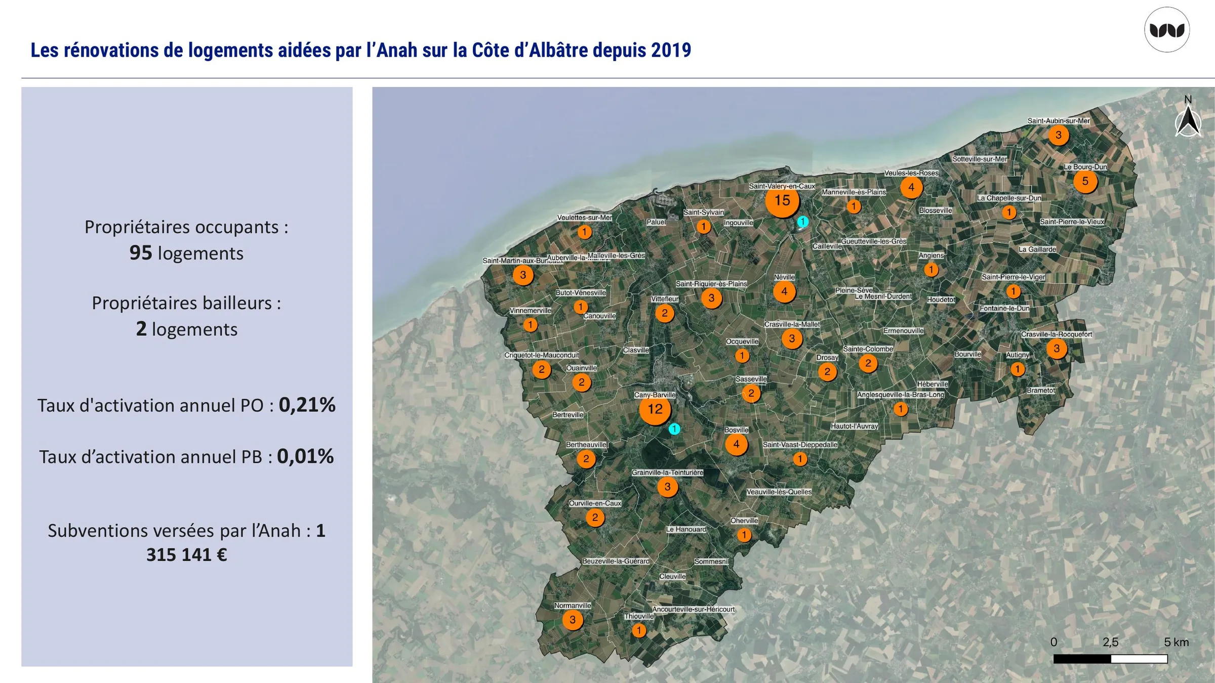 Répartition géographique des rénovations aidées par l'Anah depuis 2019