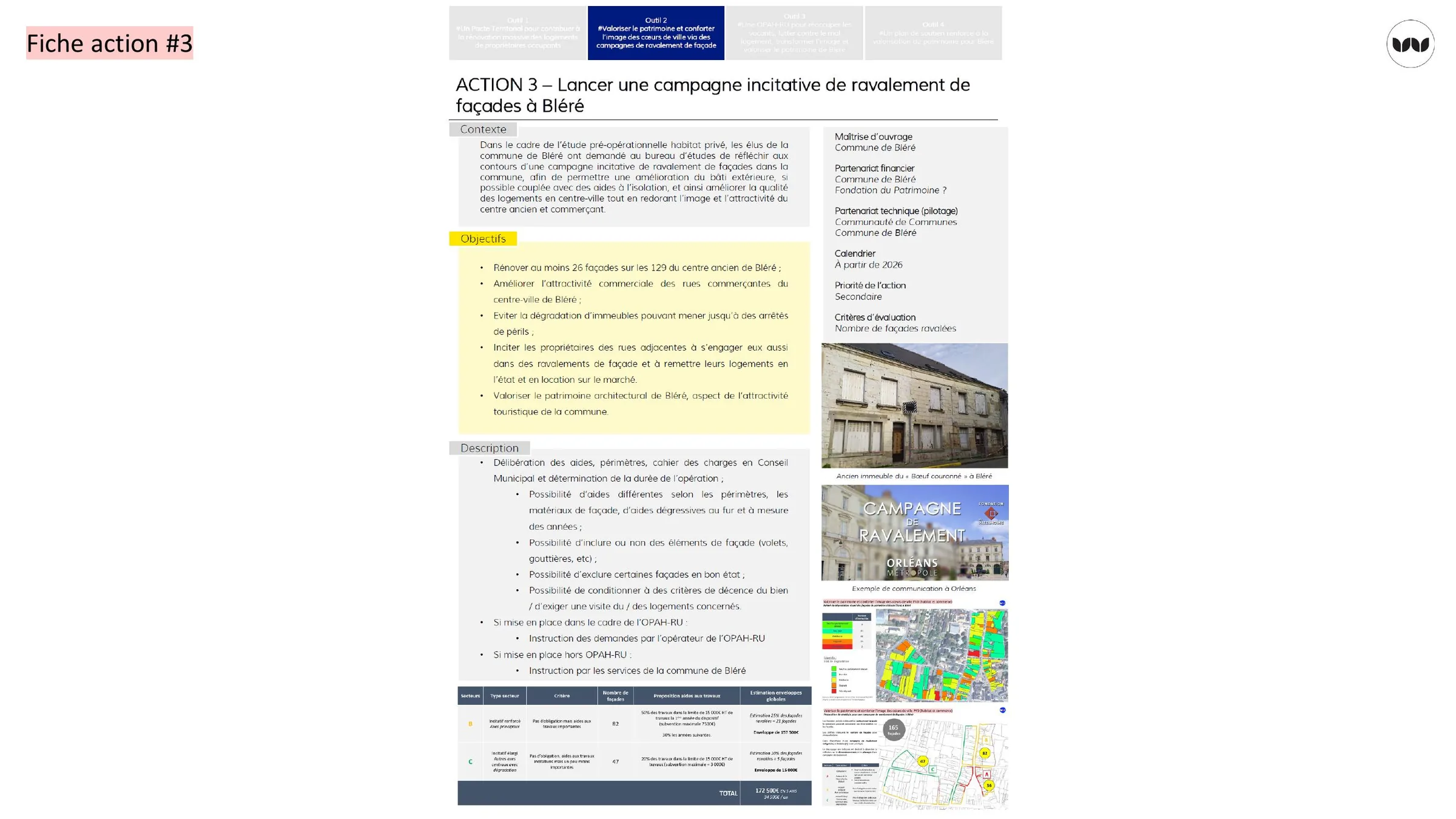 Fiche action détaillant objectifs, critères d'aide et exemples de communication pour Bléré