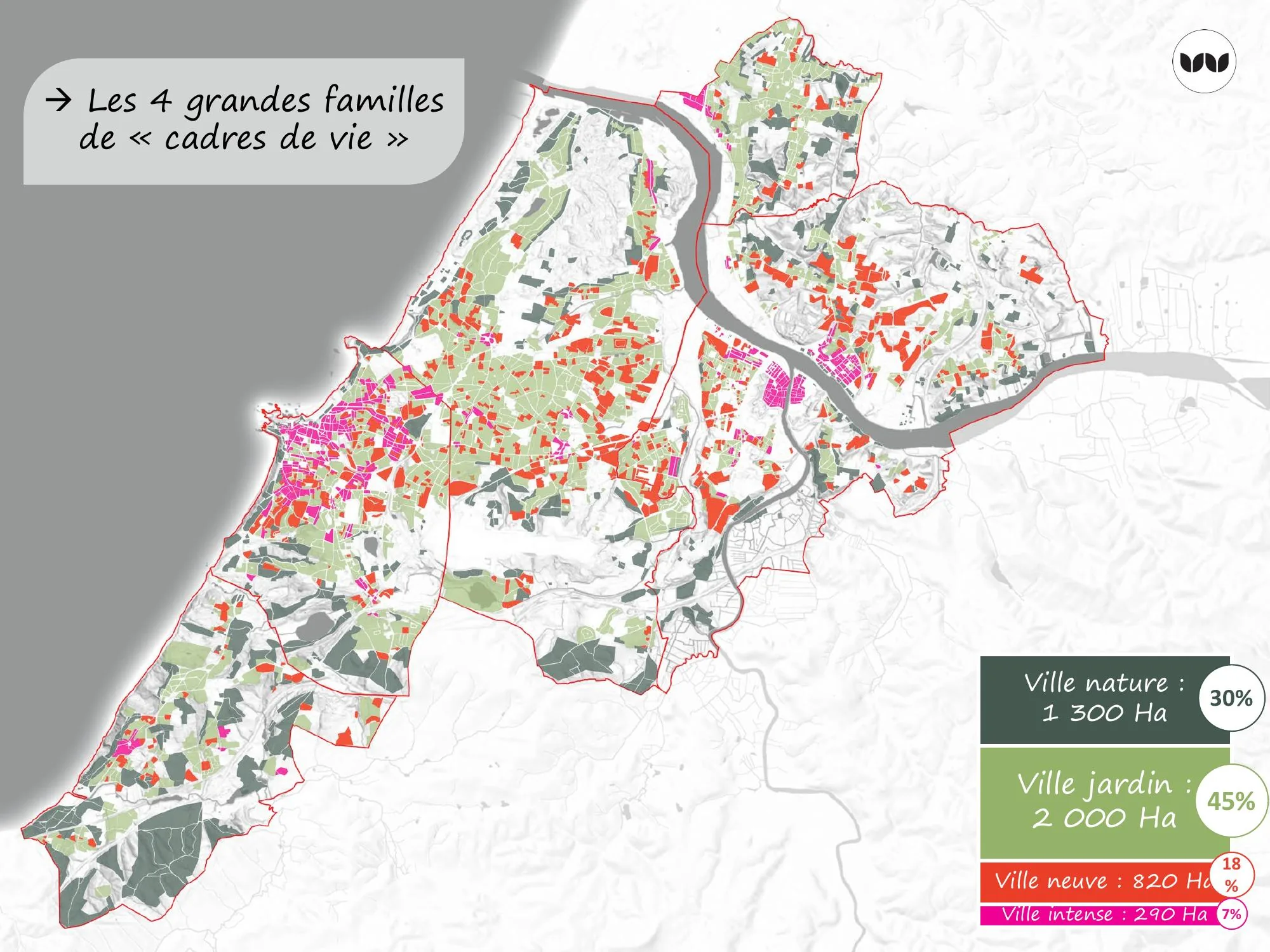 Répartition des quatre familles de cadres de vie sur le territoire, en hectares et en pourcentage