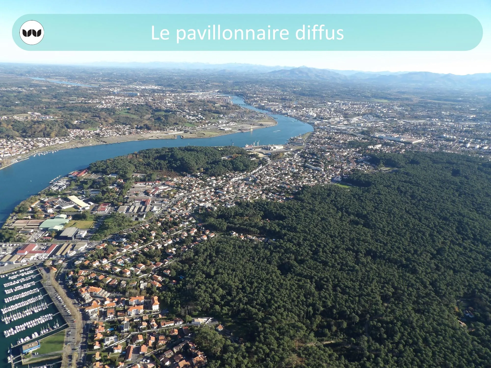 Vue aérienne du pavillonnaire diffus le long de l'estuaire de l'Adour