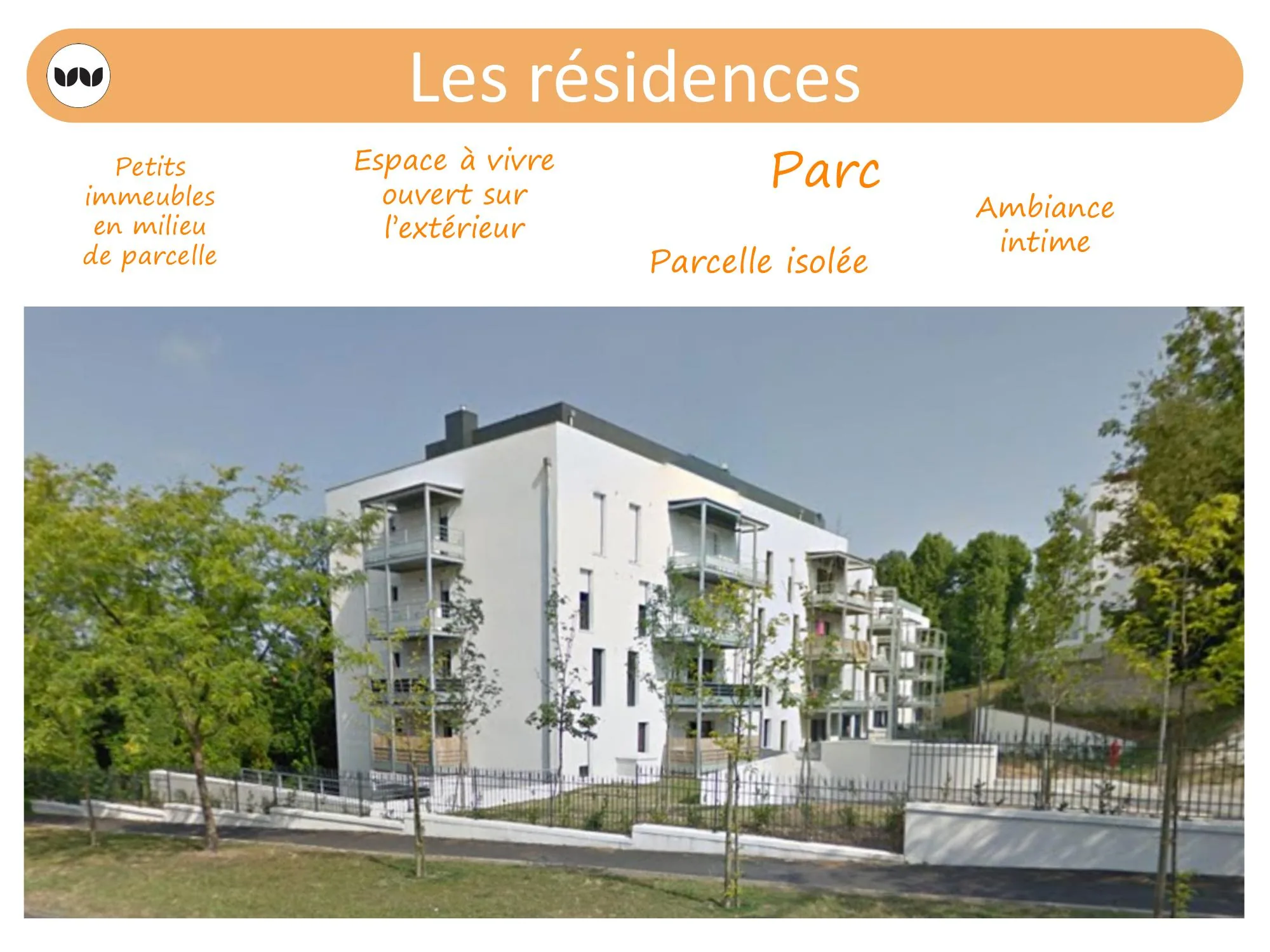 Petit immeuble en milieu de parcelle, exemple du cadre de vie « résidences »