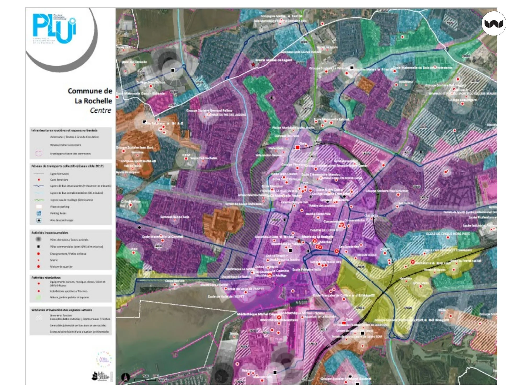 Carte des équipements, réseaux et scénarios d'évolution urbaine du centre de La Rochelle