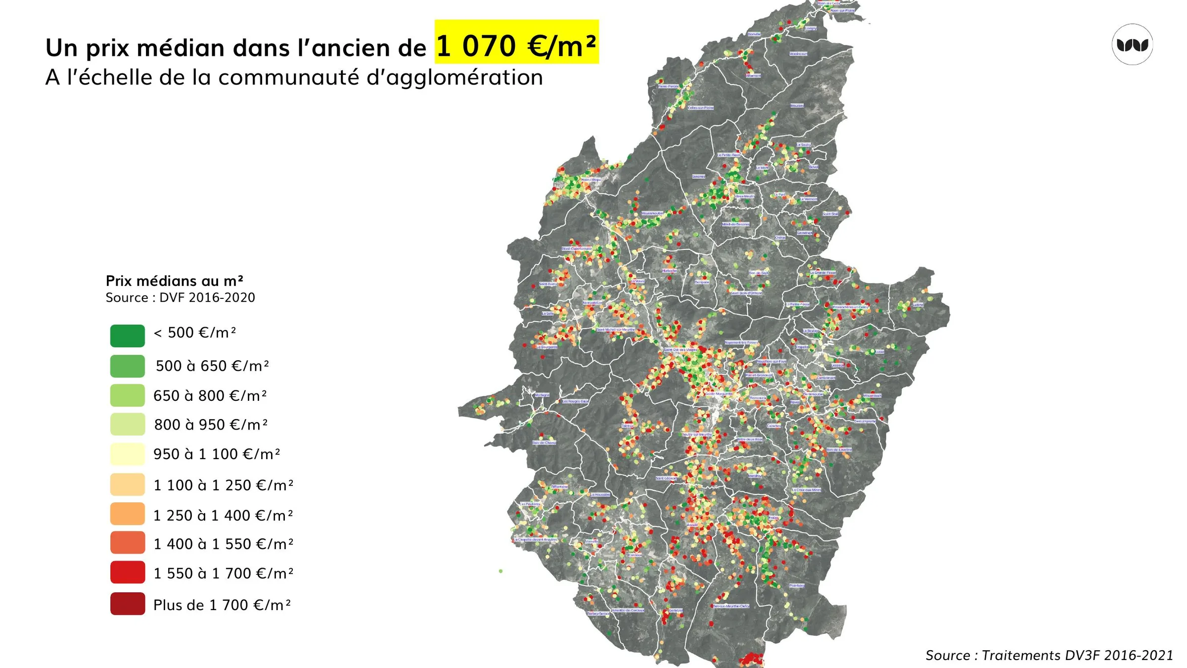 Carte des prix médians au m² dans l'ancien à l'échelle de l'agglomération