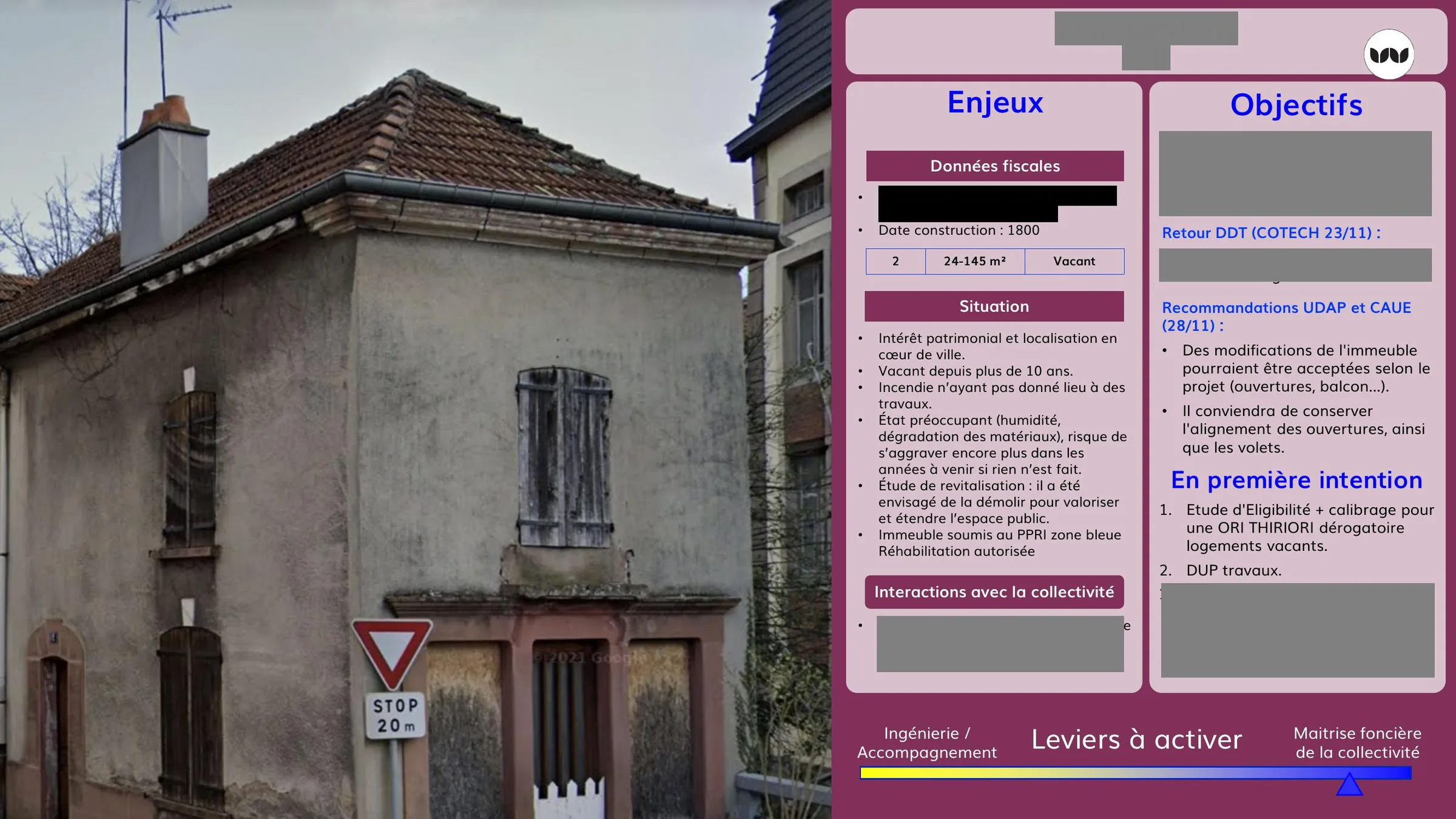 Bâtiment ancien de 1800, vacant, avec recommandations patrimoniales pour sa réhabilitation