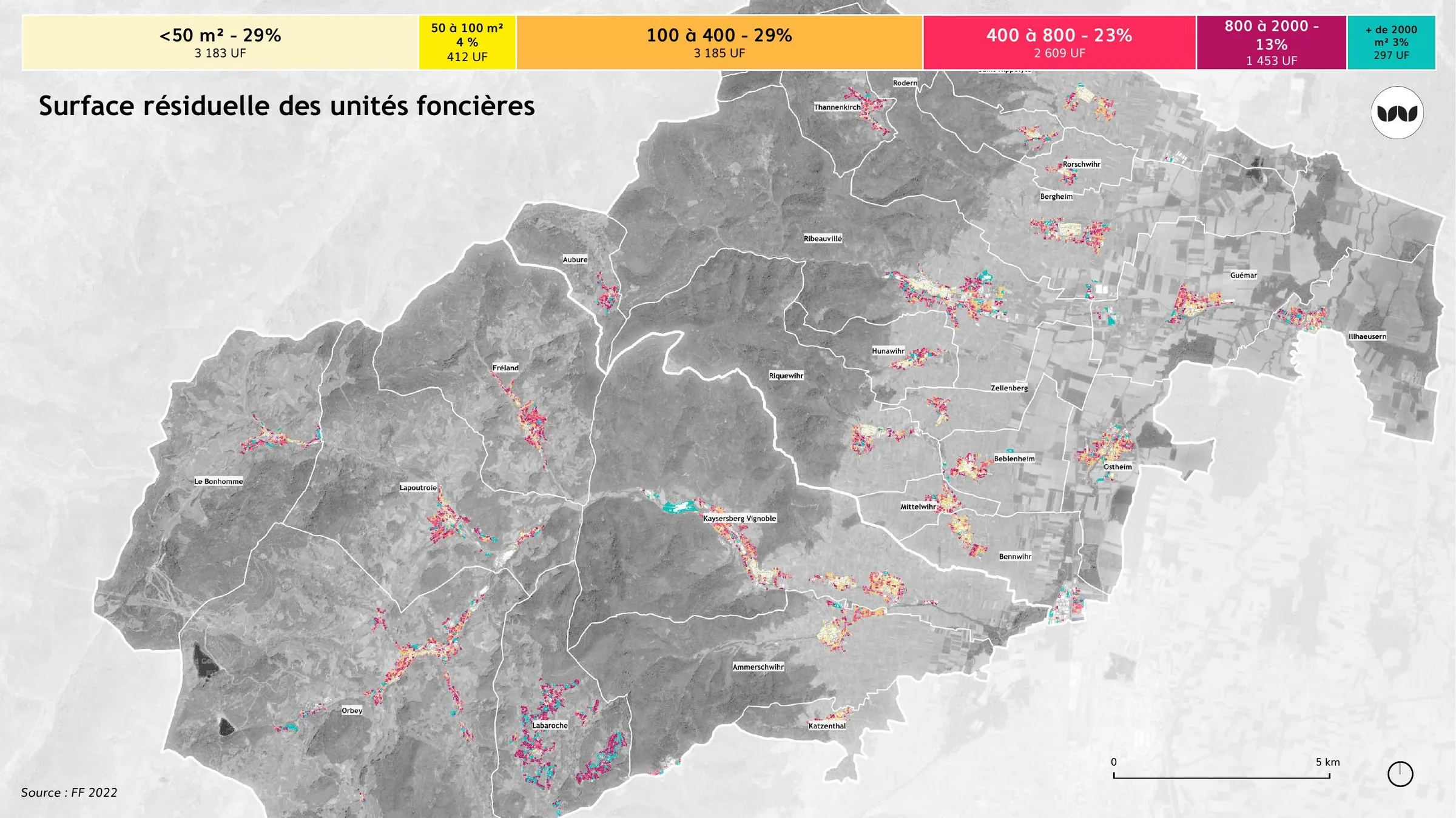 Surface résiduelle des unités foncières cartographiée par commune
