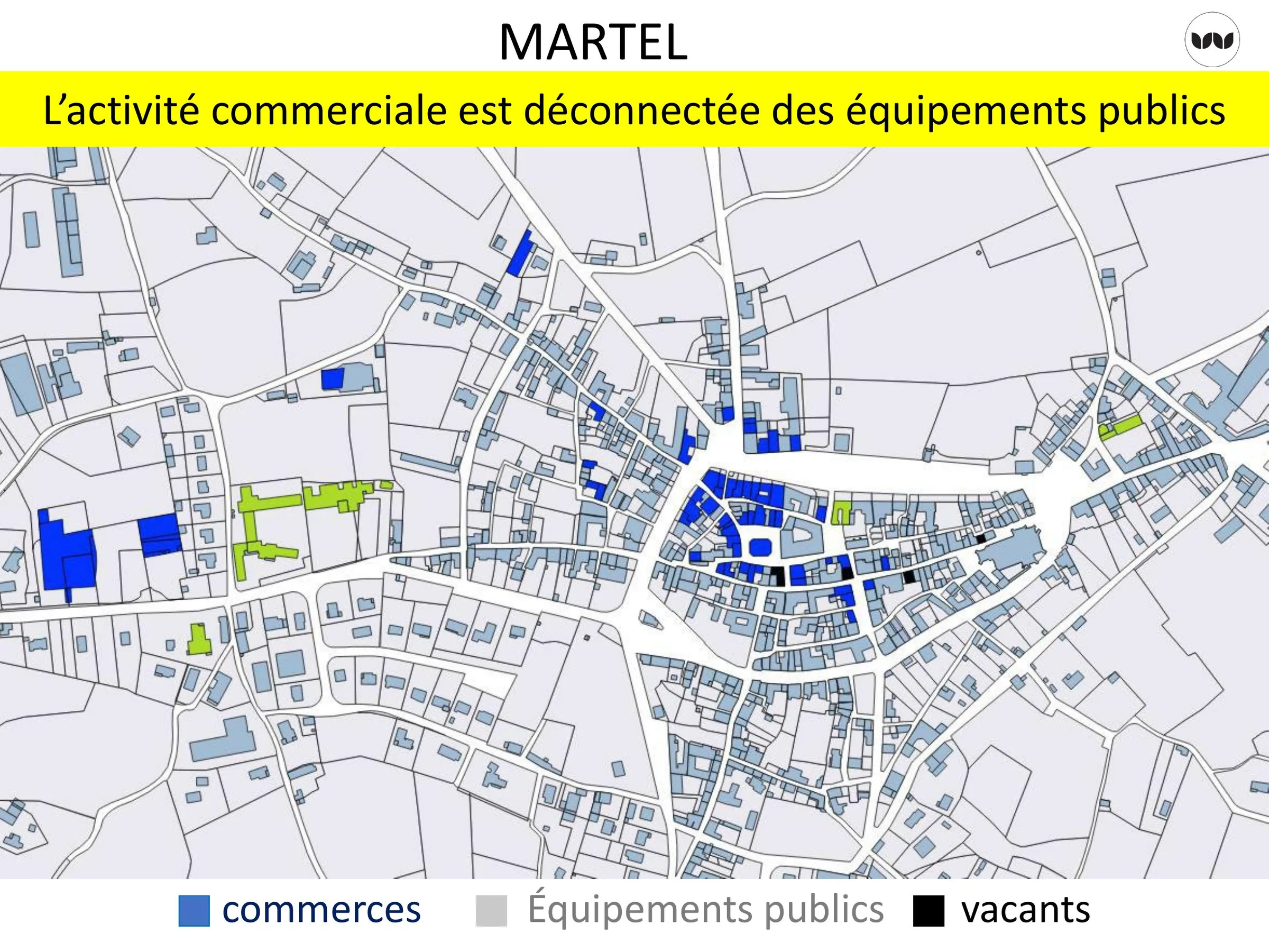 Localisation des commerces, équipements publics et locaux vacants à Martel