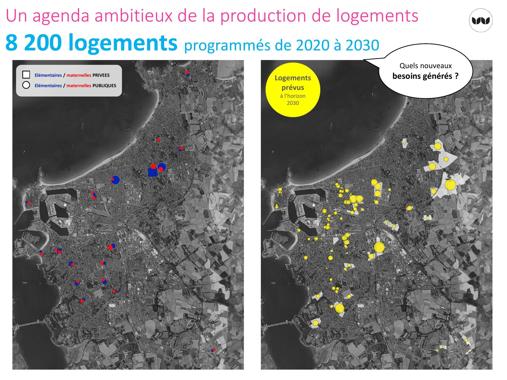Localisation des écoles existantes et des 8 200 logements prévus d'ici 2030