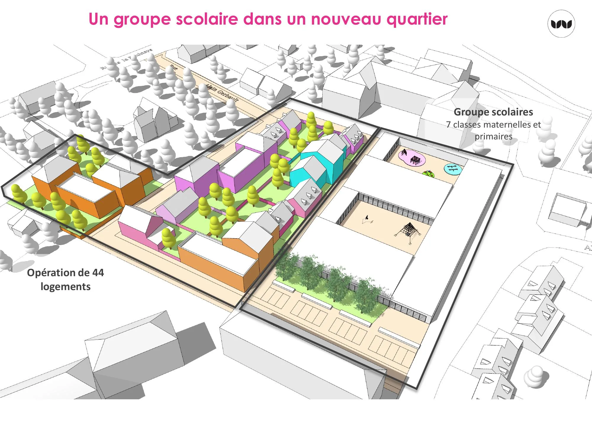Implantation du groupe scolaire de 7 classes dans une opération de 44 logements