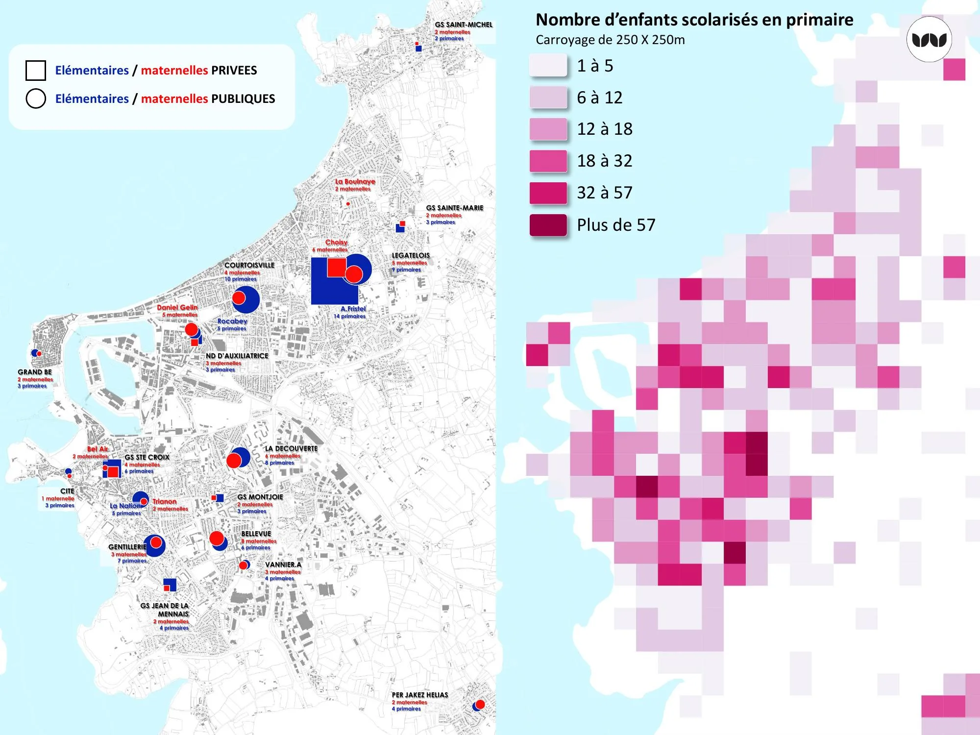 Densité d'enfants scolarisés en primaire par carroyage de 250 m