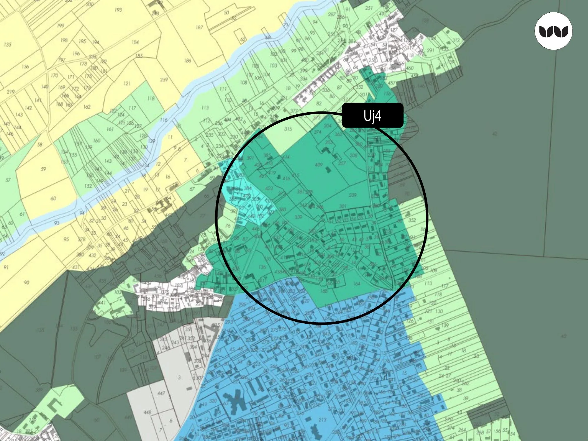 Périmètre du secteur Uj4 sur fond cadastral