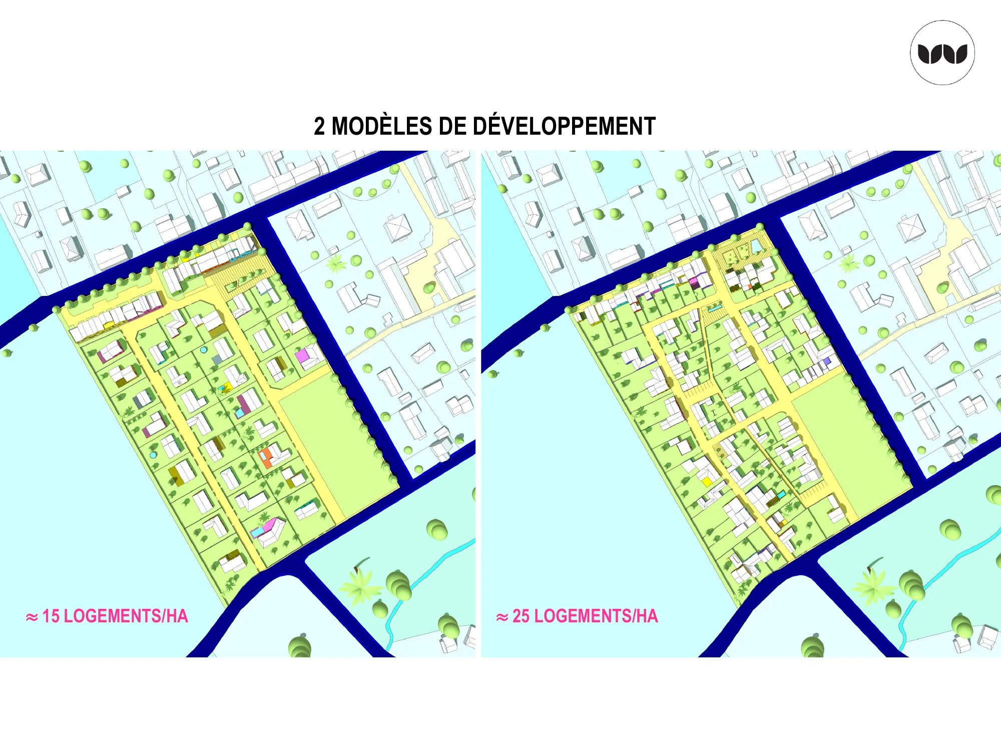 Deux scénarios d'aménagement comparés, à 15 et 25 logements/ha