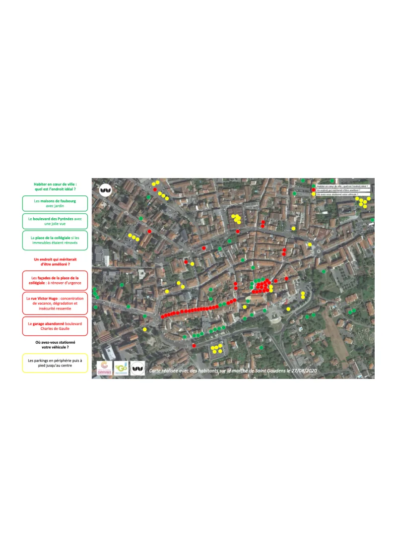 Saint-Gaudens (31) étude d’Opération Programmée d’Amélioration de l’Habitat et d’Opération de Revitalisation du Territoire – carte réalisée avec les habitants sur le marché de Saint-Gaudens intégrant perception habitat, perception des espaces publics et enjeu de stationnement.