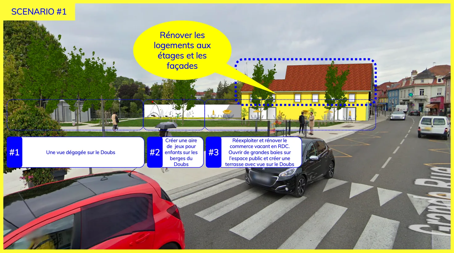 Audincourt (25) scénario de création de logements dans un bâtiment vacant avec aménagement des espaces privés à l’interface avec un espace public central récemment requalifié