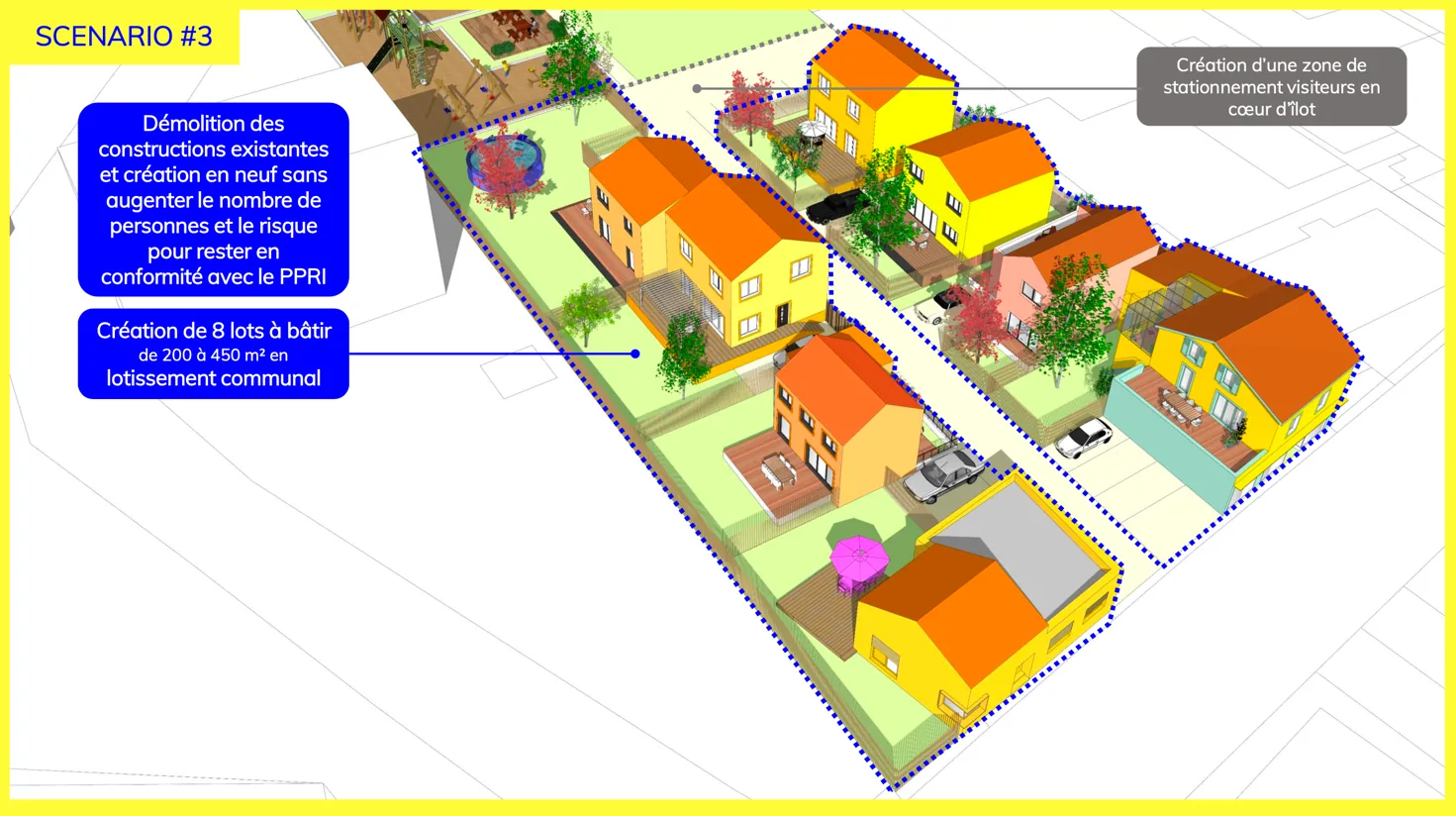 Audincourt (25) option de réaménagement d'un îlot d'habitat très dégradé occupé, avec des scénarios chiffrés en démolition et en rénovation, intégrant dans les deux cas la création d'espaces publics