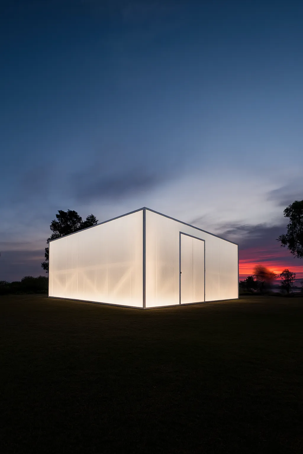 Beleuchteter würfelförmiger Pavillon aus transluzentem Material bei Sonnenuntergang auf einer Wiese.