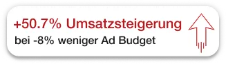 +50,7 % Umsatzsteigerung bei 8 % weniger Werbebudget, begleitet von einem nach oben zeigenden Pfeil.