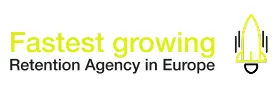 Gelber Pfeil zeigt nach oben neben dem Text 'Fastest growing Retention Agency in Europe'.