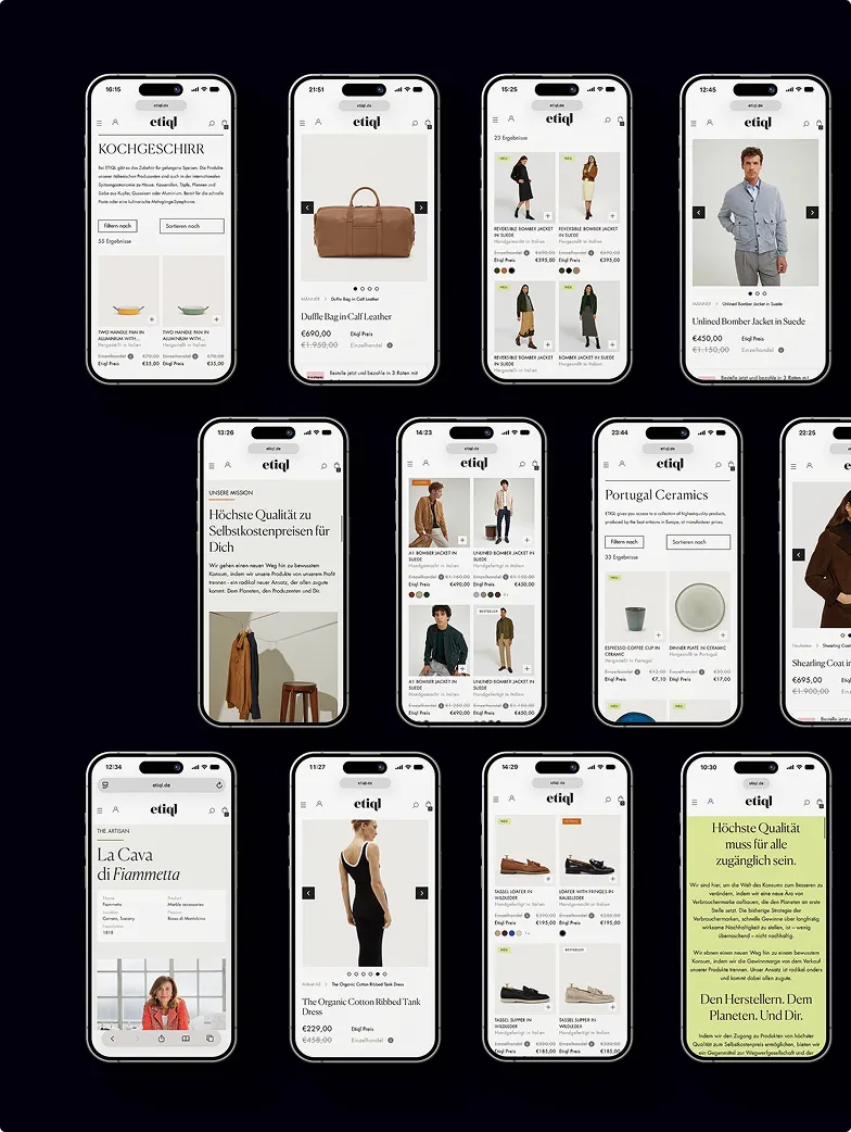 Collage von 13 Smartphone-Bildschirmen zeigt die etiq Online-Shopping-Website mit Produkten wie Kochgeschirr, Lederreisetaschen, Bomberjacken, Keramik und Bekleidung.