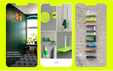 Drei vertikale Bilder: links grüne Schränke mit Text und Blumendekor, Mitte grüne Küchenaccessoires an grauer Wand, rechts bunte Regalbretter an grauer Wand.
