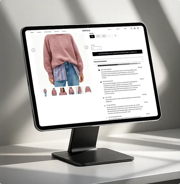 Ein moderner Monitor zeigt eine Webseite mit einem abgebildeten Damenpullover in Rosa und dazu passender Mode auf einem hellen Tisch mit Schatten.