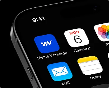 Nahaufnahme eines Smartphone-Bildschirms mit den Apps Meine Vorsorge, Kalender, Mail und Notizen.