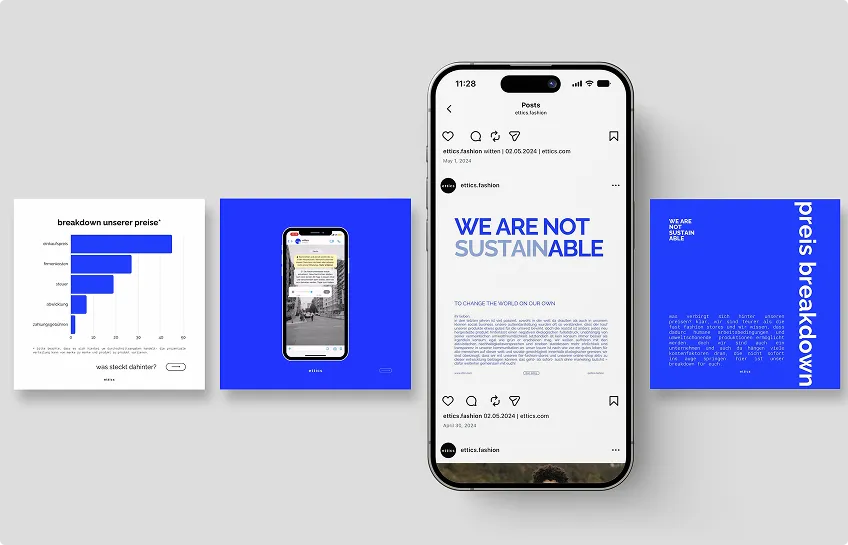 Smartphone mit Instagram-Post 'WE ARE NOT SUSTAINABLE' und Diagramm sowie Texttafeln zur Preisaufgliederung nachhaltiger Mode.