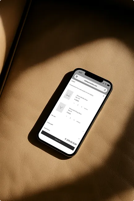 Smartphone liegt auf hellbraunem Leder mit einer geöffneten Website, die einen Einkaufswagen mit Produkten und einem Gesamtpreis von 185,00 EUR zeigt.