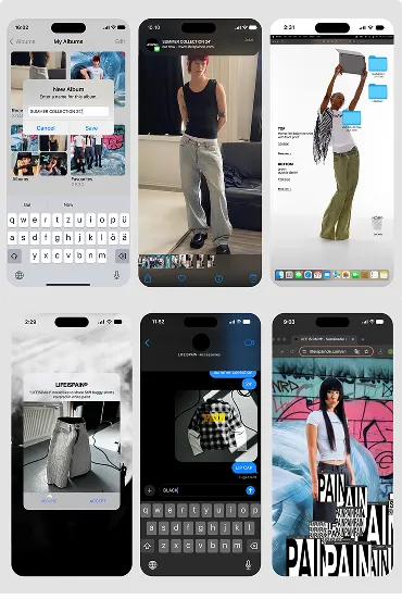 Sechs Smartphone-Bildschirme zeigen verschiedene Schritte einer Mode-Design-App, darunter Alben erstellen, ein Model mit Kleidung fotografieren, Kleidung digital anpassen, Designs speichern, per Nachricht teilen und eine Werbeanzeige mit einem Model vor Grafitti.
